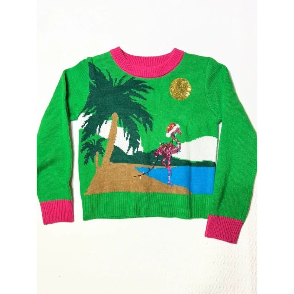 Poof New York Merry Christmas Flamingo Beach Sweater small